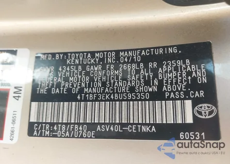 2011 Toyota Camry Le from USA, damaged, VIN 4T1BF3EK4BU595350